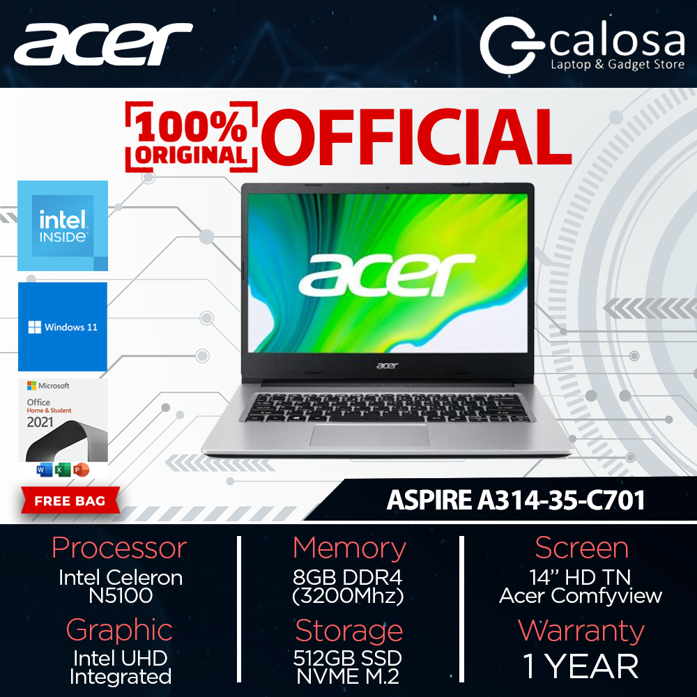 Jual ACER LAPTOP ASPIRE 3 A31435C701 14HD INTEL N5100 RAM 8GB / 16GB