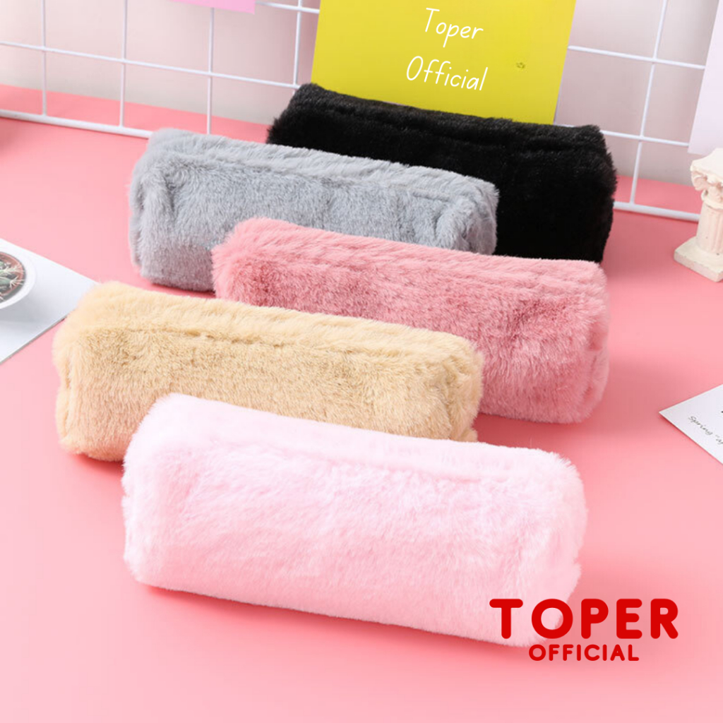 TOPER Kotak Pensil Tepak Alat Tulis Motif Bulu Soft Model Korea Fuzzy  Pencil Case Estetik Aesthetic Tempat Make Up
