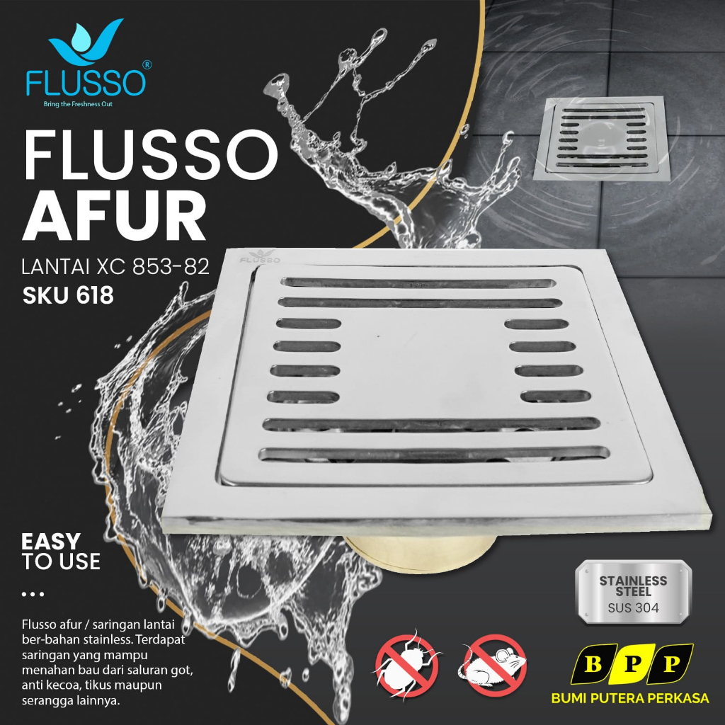 Jual Floor Drain Stainless Flusso Afur Lantai Saringan Katub Kuningan