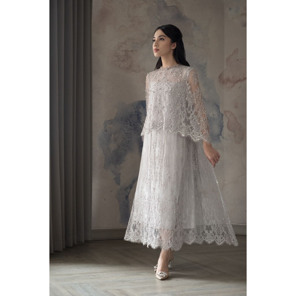 Jual (PO) Full Beaded Dress with Detachable Cape Dress in Light Grey ...