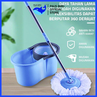 Paus Biru - Set Alat Pel Lantai Stainless Super Mop Dengan Ember Pencuci Putar | Hand Preassure Rotary Mop 360