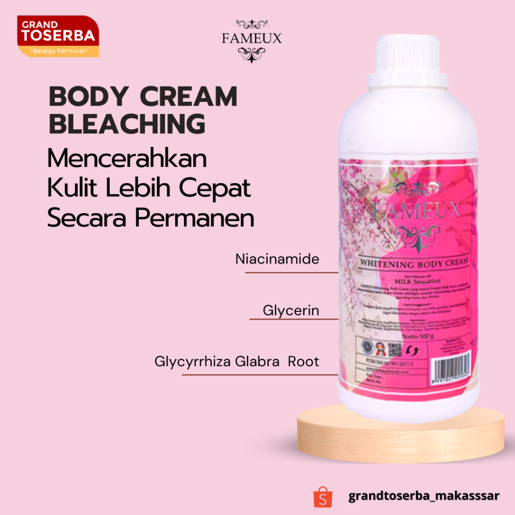 Jual Fameux Whitening Body Cream Bleaching 250 ml & 500ml Pemutih Badan