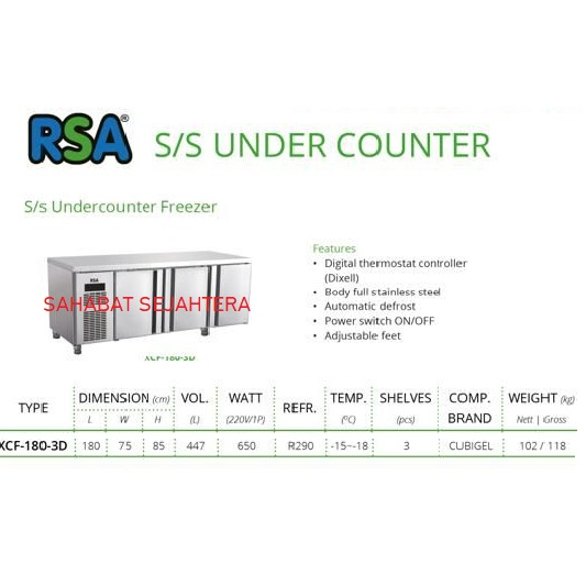 Jual RSA Stainless Steel Undercounter Freezer XCF-180-3D Freezer ...