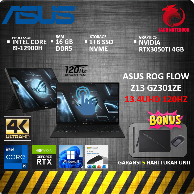 Jual Asus Rog Flow Z13 Gz301ze Touch 4k Rtx3050ti I9 12900h 16gb 1tb Ssd W11 Ohs 13 4uhd