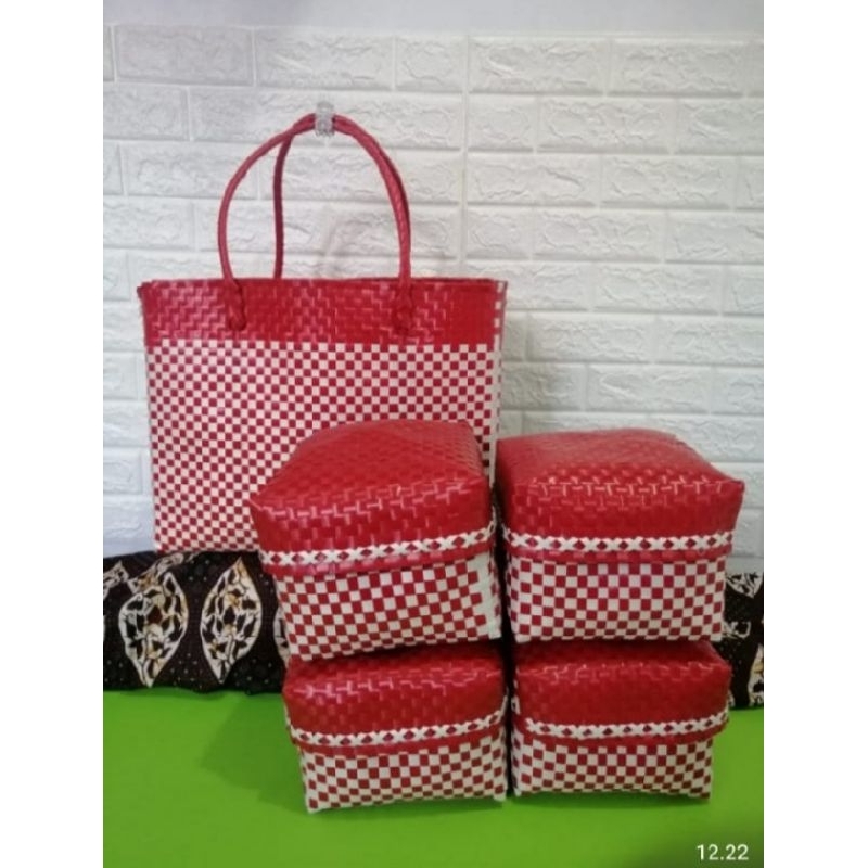 Jual Set Tas Keben BALI isi 4/ Tas set Keben plastik kaca / Tas canang