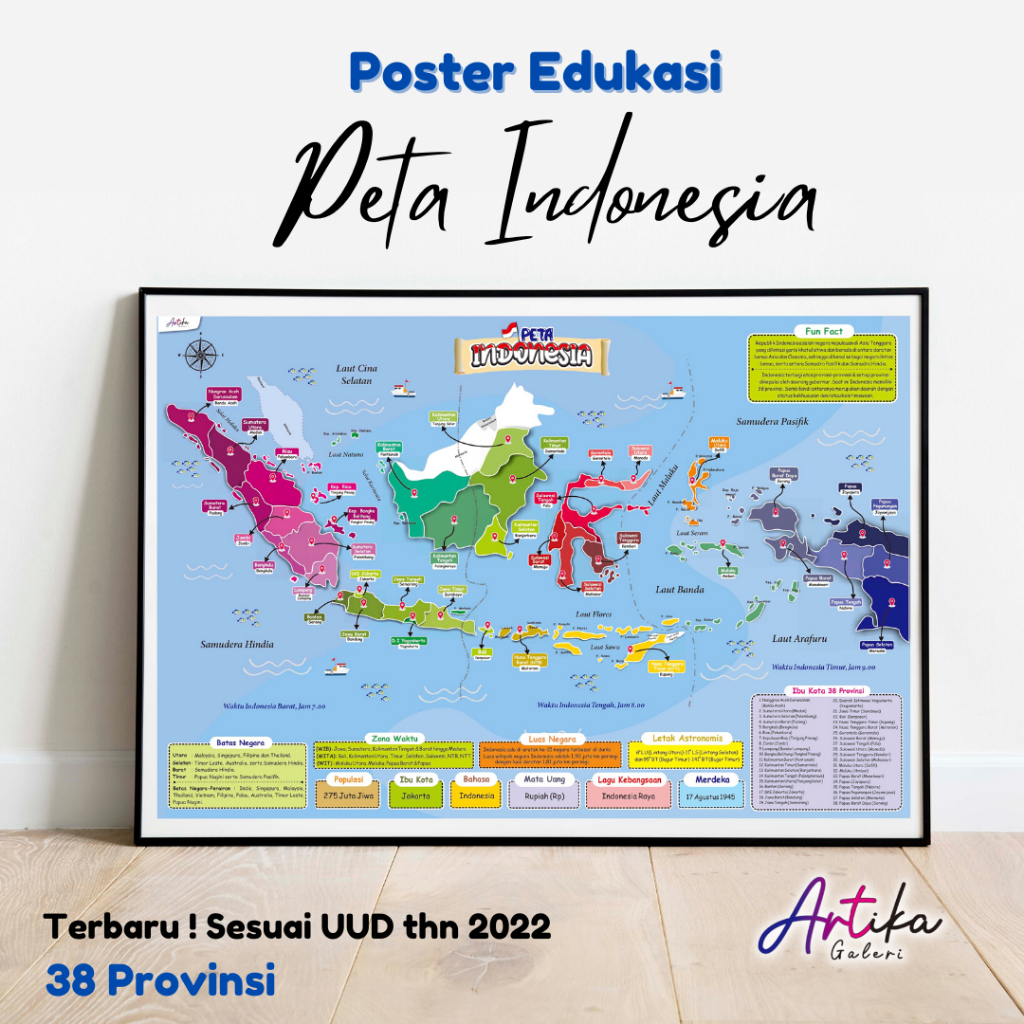 Jual Peta Indonesia 38 Provinsi terbaru NKRI poster edukasi Pendidikan ...