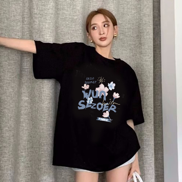 Jual kaos oversize motif vintage baju kaos wanita lengan pendek import