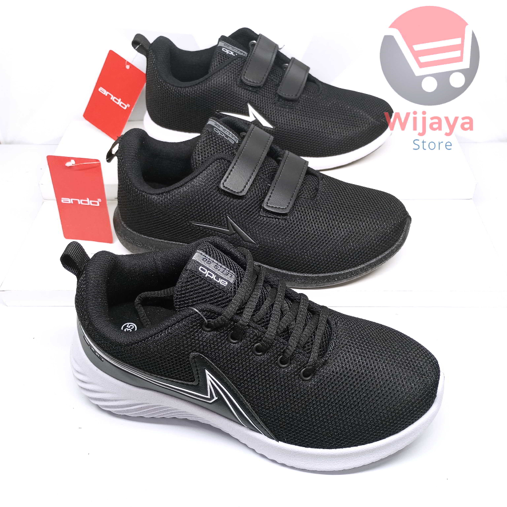 Jual Sepatu Sekolah Ando 35-38 Sneaker Anak Hitam Polos Putih Strap
