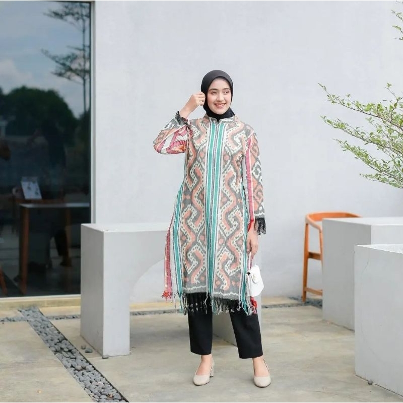Jual Atasan baju kerja rumbai motif tenun toraja warna putih tulang ...