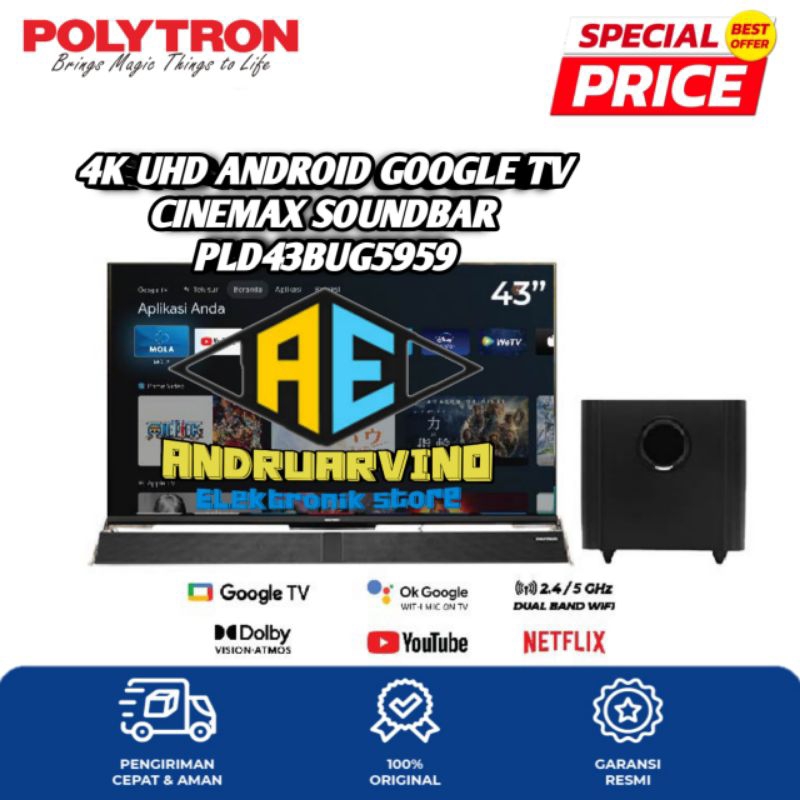 Jual POLYTRON 4K UHD Smart Cinemax Soundbar Google TV 43 Inch PLD ...