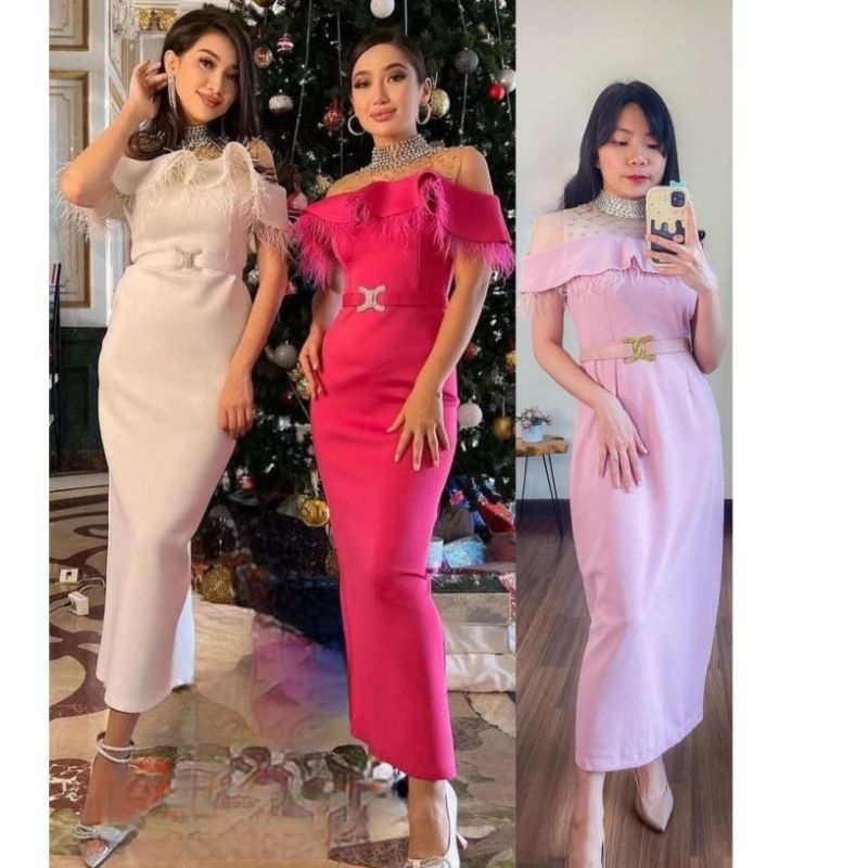 Jual dress fur feather midi dress bulu rumbai fuchia pink white dress ...
