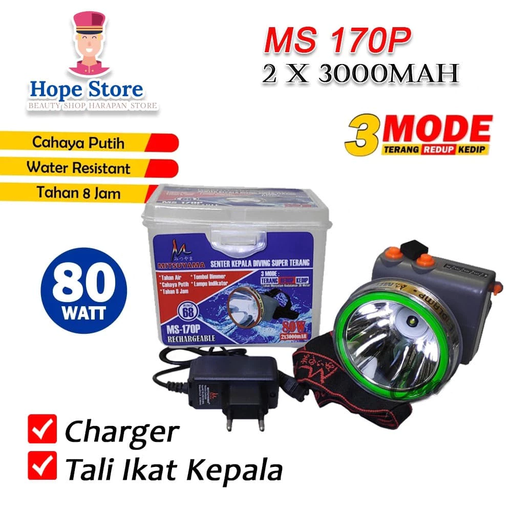 Senter Kepala Mitsuyama MS-170P 80Watt MS-170P Rechargeable Portable Waterproof 3000mAh | AutoStock