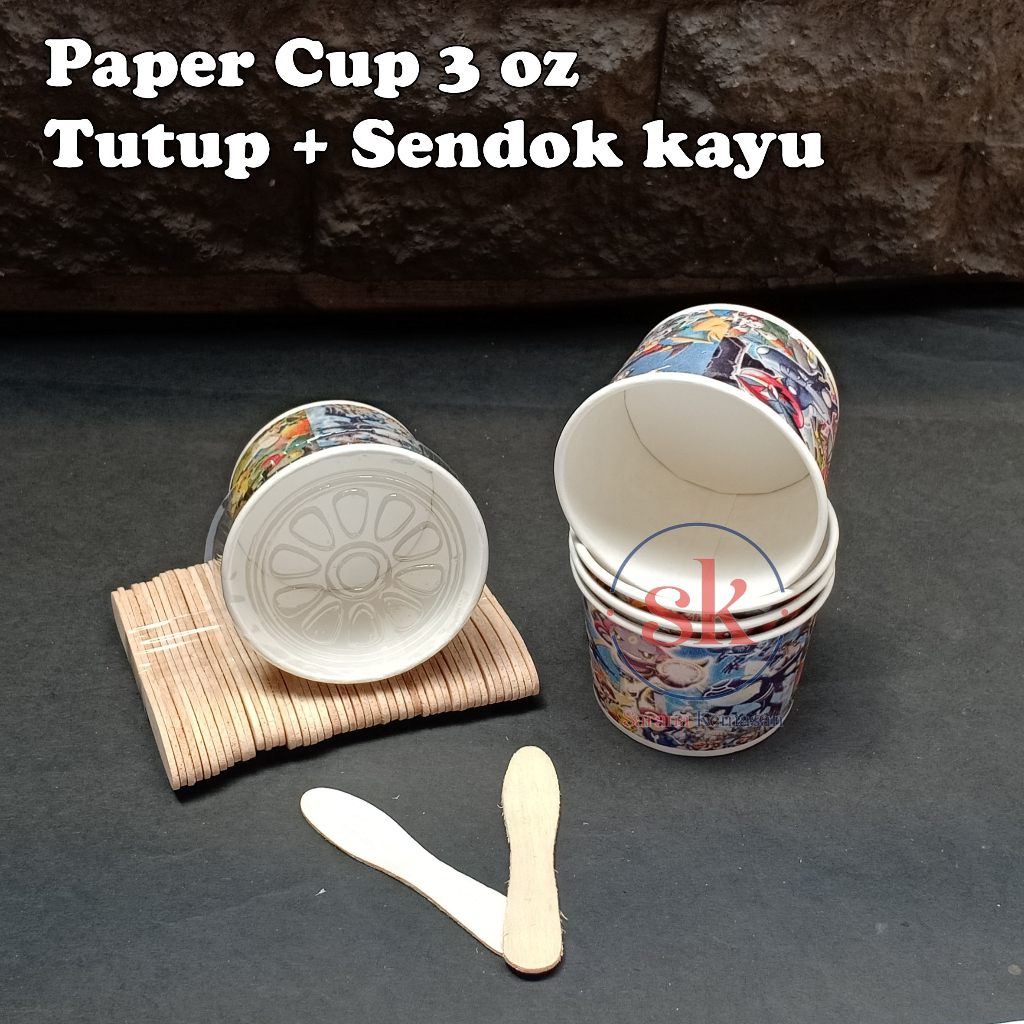 Jual Paper Cup Ice Cream Motif 3 oz + Tutup + Sendok Kayu (Paket 50 pcs ...