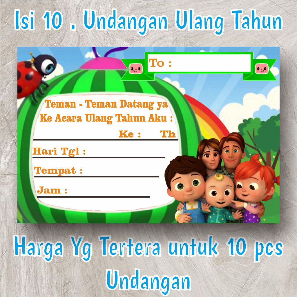 Jual Isi 10 pcs Kartu Undangan Ulang Tahun Anak Cocomelon | Shopee