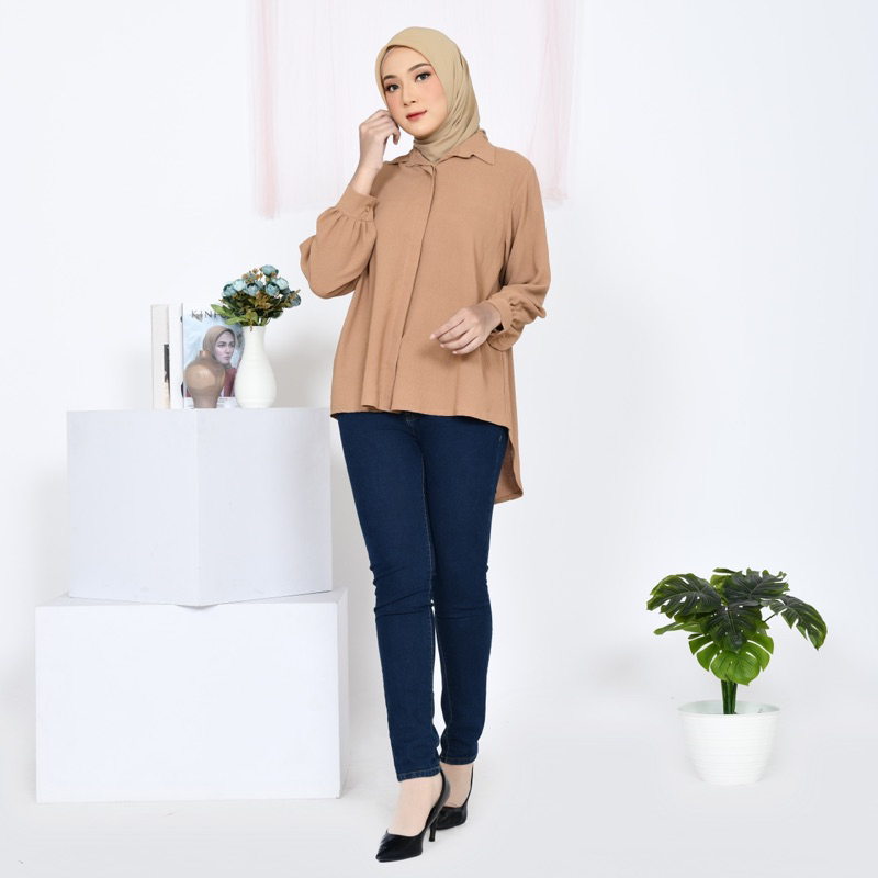 Jual BLOUSE WANITA OVERSIZE CRINKLE KANCING BELAKANG / KEMEJA POLOS