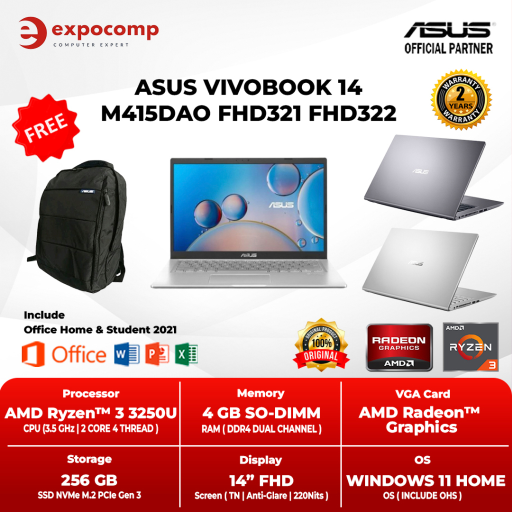 Jual ASUS VIVOBOOK M415DAO FHD321 FHD322 AMD RYZEN 3-3250U 4GB 256GB ...