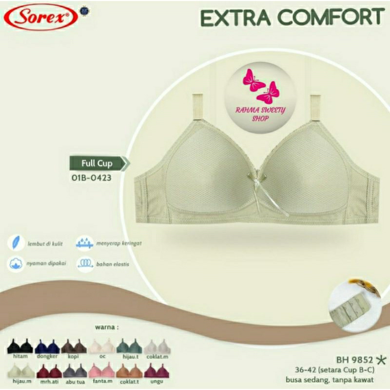 Jual Sorex Bra 9852 Extra Comfort Busa Tanpa kawat , Harian kait 2 setara  Cup B-C ( 36 - 42 )