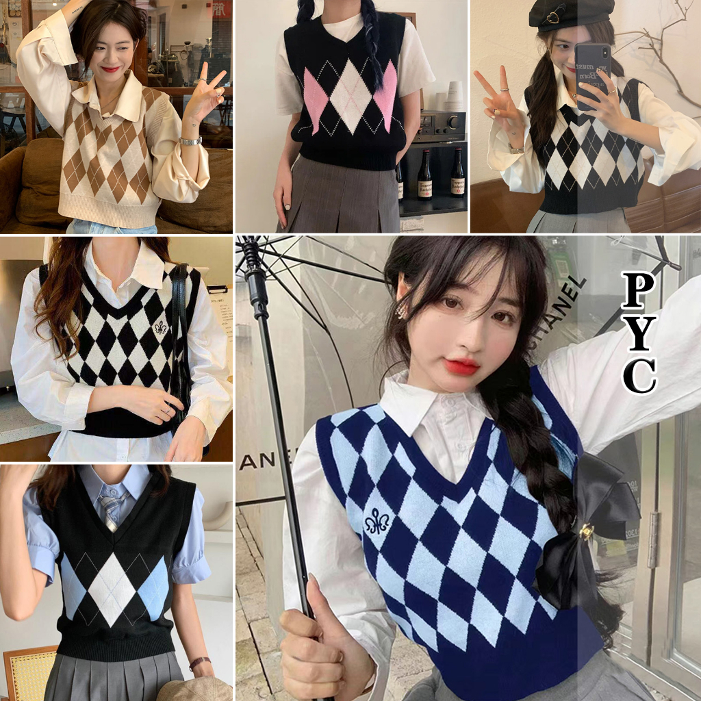 Jual Gaya Retro Rompi Rajutan V Neck Kotak Kotak Bahan Rajut Knit Wanita Bisa Cod Shopee