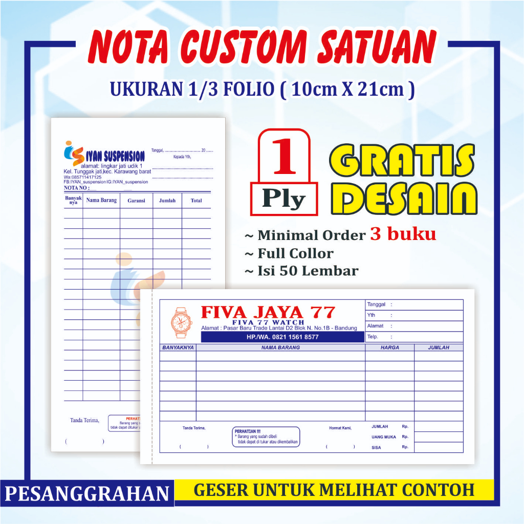 Jual Cetak Nota Custom 1 Ply Ukuran 13 Panjang Hvs Isi 50 Lembar Nota Toko Sembako 6689