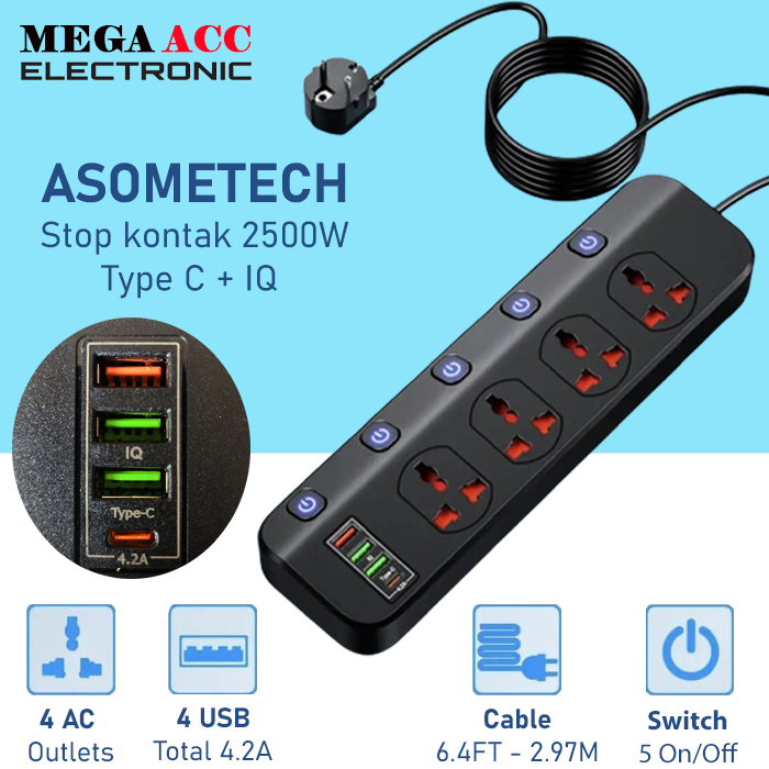 Jual Stop Kontak Asometech - 4 Power Socket With Switch 4 USB 1 USB 3.0 ...