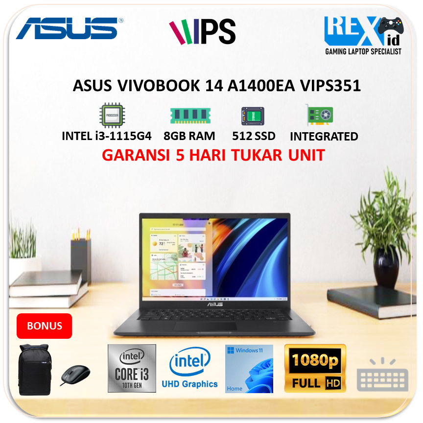 Jual Asus Vivobook 14 A1400ea Vips351 I3 1115g4 8gb 512gb W11ohs 140inch Fhd Vips Blit 8850