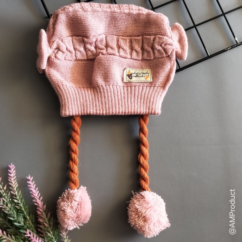 Jual topi kupluk rajut bayi perempuan 0-12 bulan model pita kepang ...