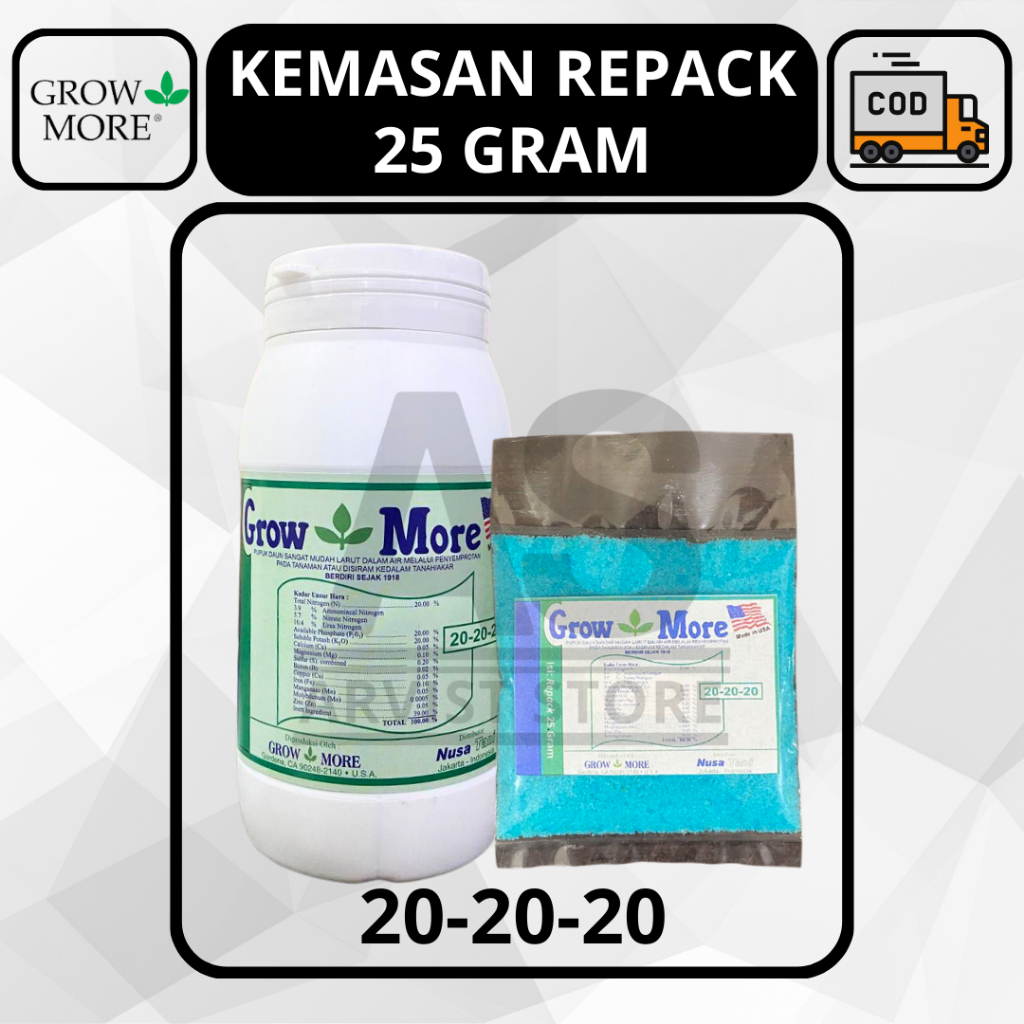 Pupuk GROW MORE 20 20 20 Repack 25 Gram NPK Seimbang Pertumbuhan Tanaman