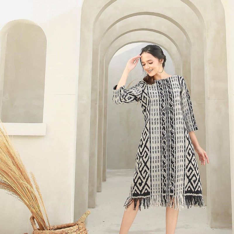 Jual DRESS TENUN RUMBAI MOTIF ETHNIC DRESS HARIAN KERJA | Shopee Indonesia