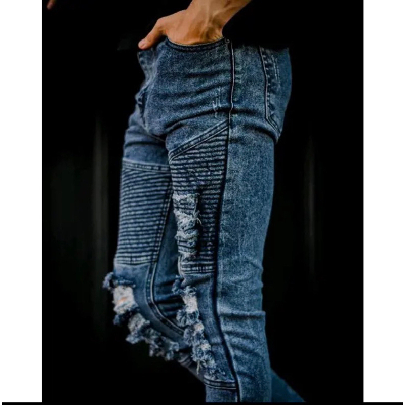 Jual Bikers Rider Ripped Celana Jeans Pria Sobek Lutut Ripped Jeans Celana Panjang Snow Pria