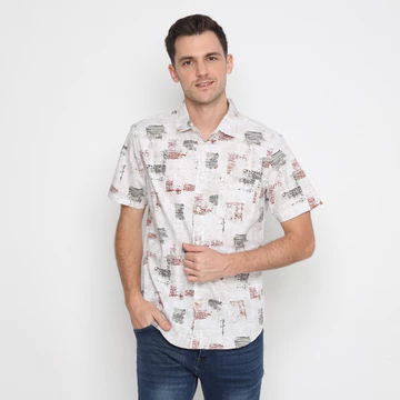 (BUNDLING) Platini Kemeja Motif Print Pria Lengan Pendek Katun Merah 73412