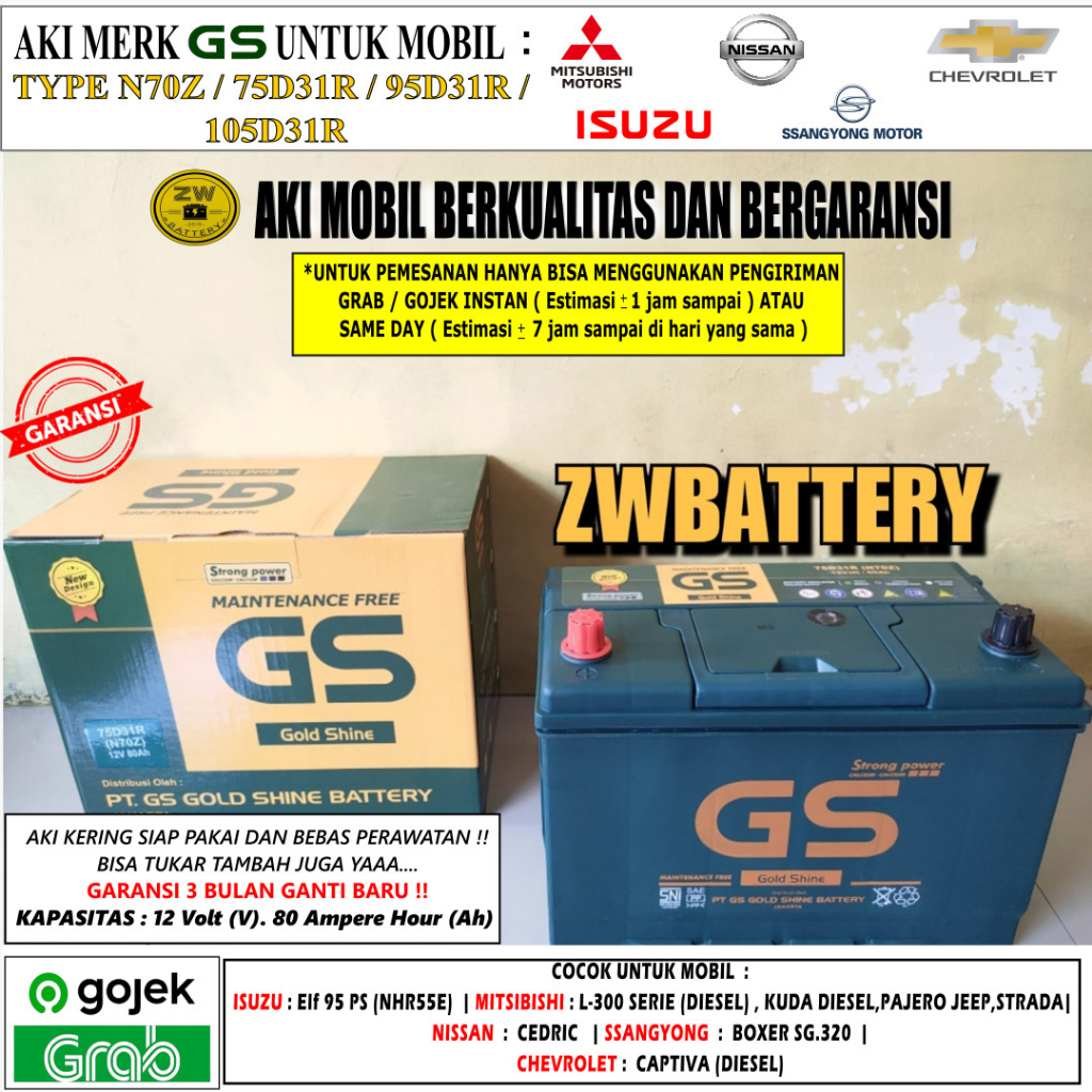 Jual AKI/ACCU MOBIL MITSHUBISHI L-200 DOUBLE GS MF N70Z / 65D31R , 80AH