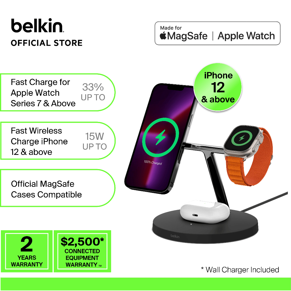 Belkin BOOSTCHARGE PRO 3-in-1 Wireless Charging Stand With MagSafe - Black (Seller Refurbished)