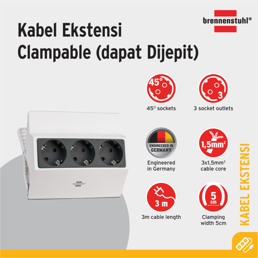 Jual Brennenstuhl Clampable Stopkontak 3 Soket dengan Jepitan 3 m Putih ...