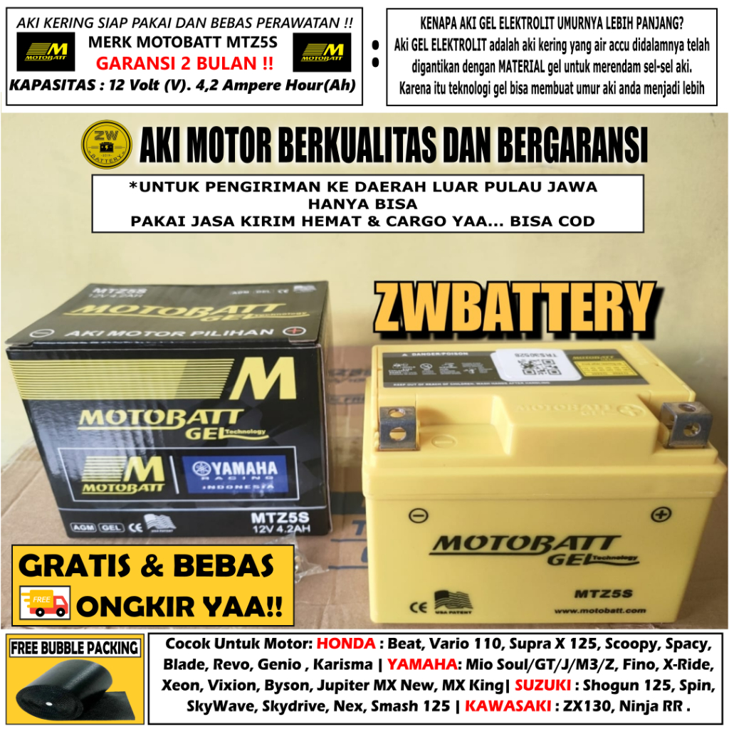 Jual AKI MOTOR MIO SOUL, MIO GT, MIO M3/Z, MIO J, FINO MTZ5S MOTOBATT