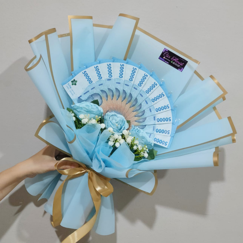 Jual Buket Uang Pecahan 50ribu total 12 Lembar Model Kipas (Size Medium