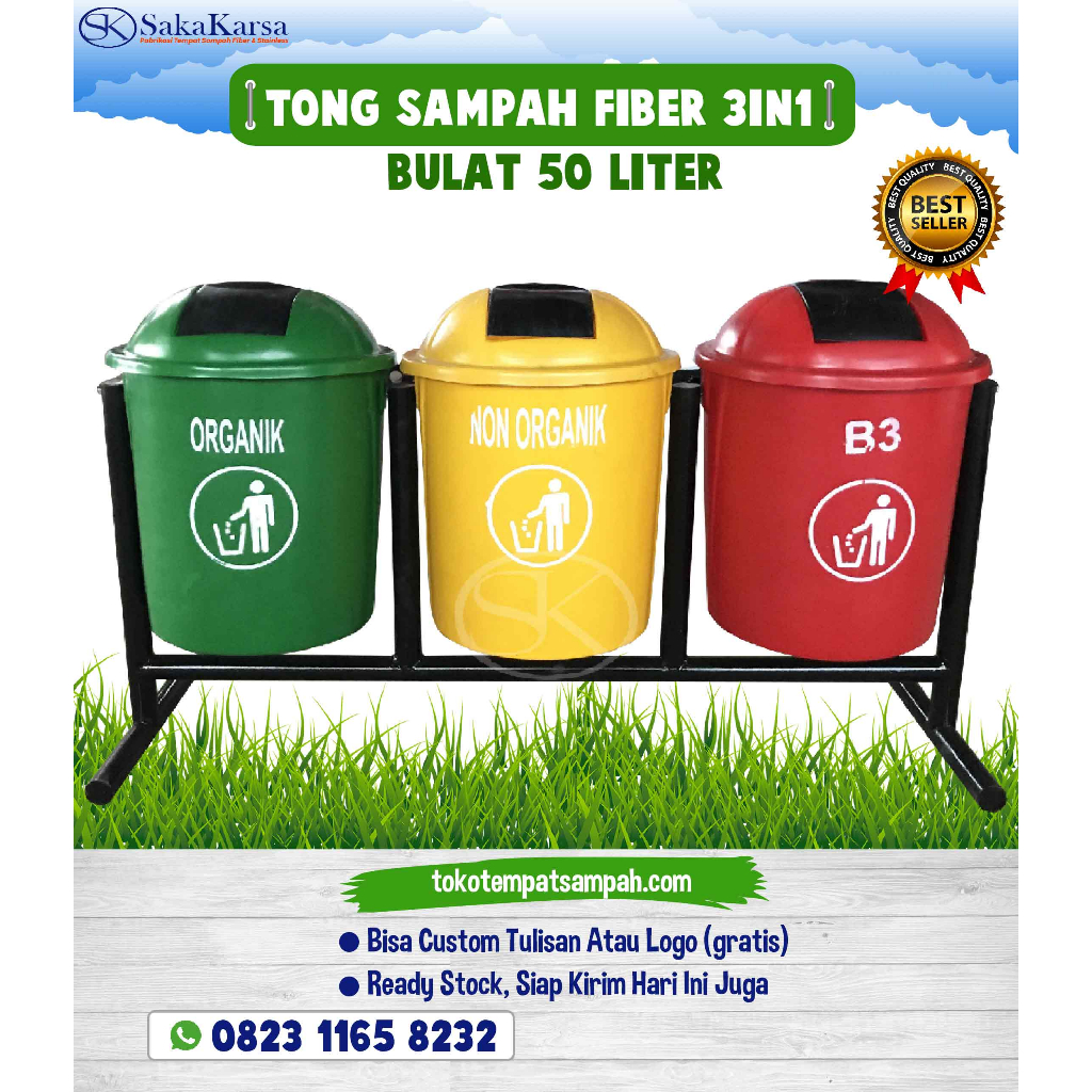 Jual JUAL TEMPAT SAMPAH FIBER 3 PILAH BULAT ORGANIK, ANORGANIK, B3 50