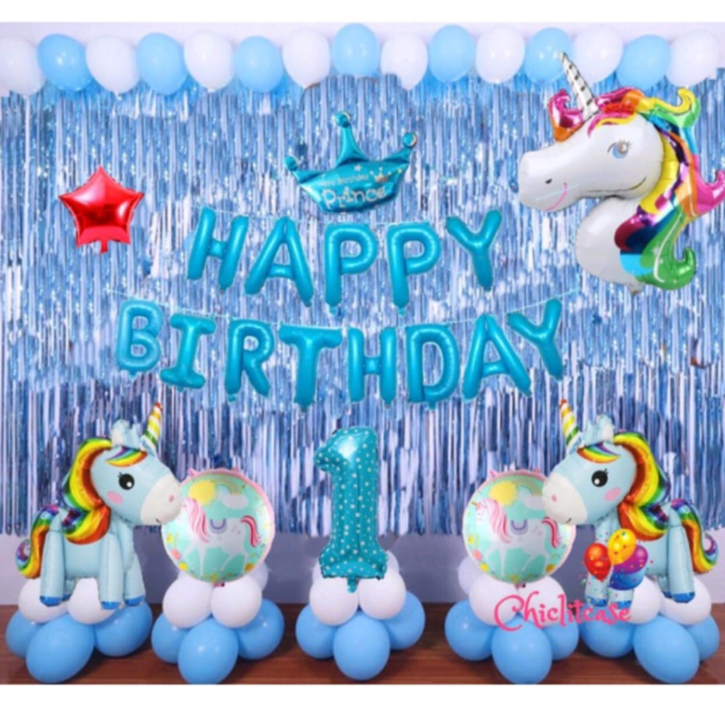 Jual PAKET DEKORASI ULANG TAHUN ANAK TIRAI BIRU & BALON HAPPY BIRTHDAY