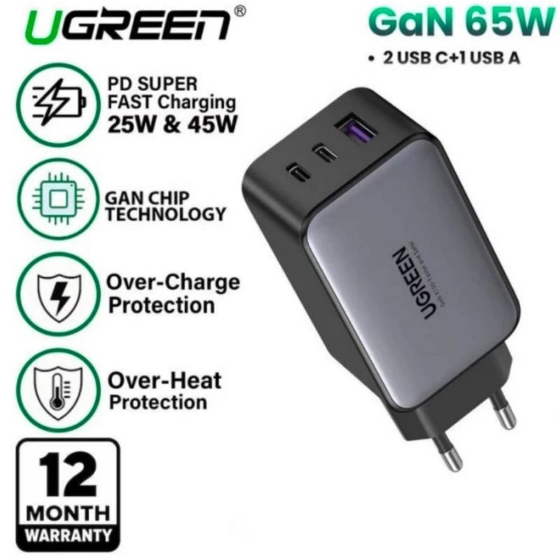 Jual Adaptor Charger 65W UGREEN 10335 Nexode GaN Fast 65 watt 3ports ...