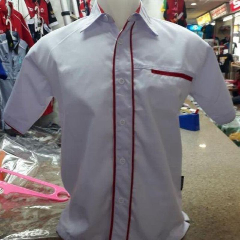 Jual Kemeja Putih List Merah Bordir Suka Suka | Baju Putih List Merah ...