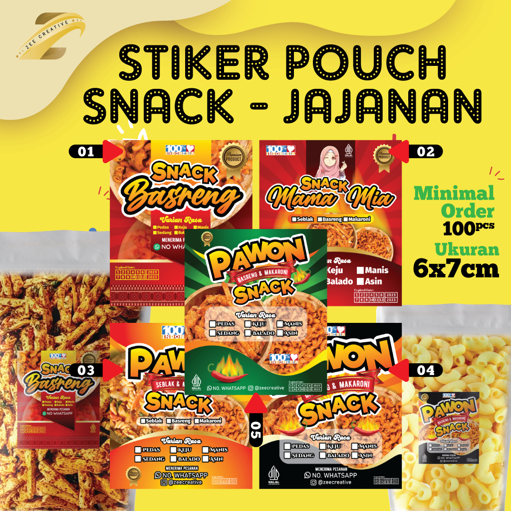 Jual Stiker Label Snack Jajanan Kemasan Pouch Plastik Desain Product Custom Makaroni Basreng