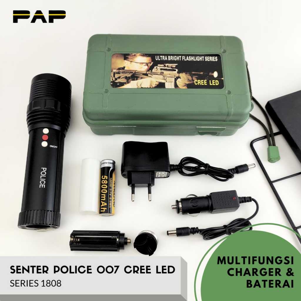 Jual SENTER POLICE 007 SWAT PAKET LENGKAP CREE LED MODE KEDIP ZOOM Senter  Outdoor Camping-Senter LED Flashlight