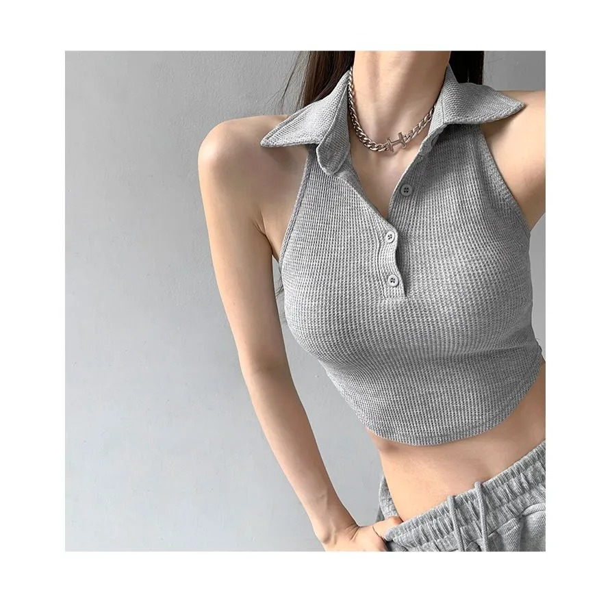 Jual Women Sleeveless Halter Crop Top V-neck Shirt Collar Vest 1692 (S ...