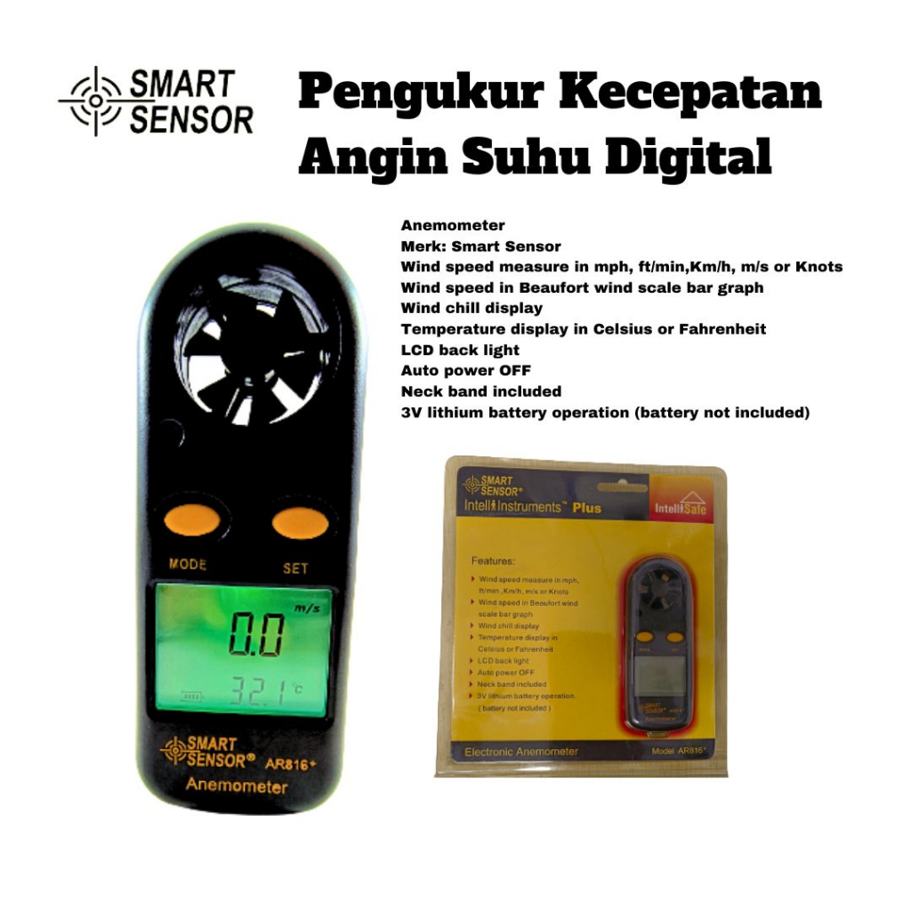 Jual Anemometer Alat Pengukur Kecepatan Angin Suhu Digital Thermometer Smart Sensor Ar816 2694