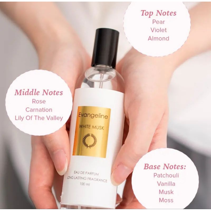 100ML EVANGELINE EAU DE PARFUME PINK WHITE SAKURA STRAWBERRY MUSK BLACK  VANILLA GREEN TEA BABY POWDER RAW ALMOND RED SEA SALT bakarat opium cherry 