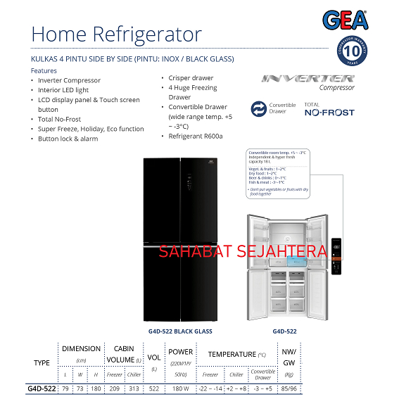 Jual Gea Home Refrigerator G D Black Kulkas Pintu Menyamping