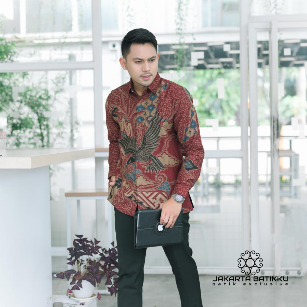 Jual Baju batik atasan dobby warna merah berfuring motif burung merak