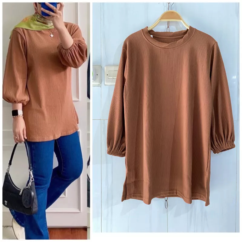 Jual blouse wanita muslimah rib knit lengan balon ready banyak warna