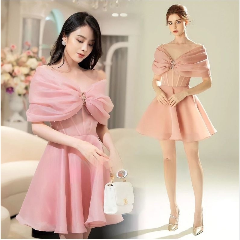 Jual sabrina bow rose pink mini flare dress pendek pita sabrina big bow ...