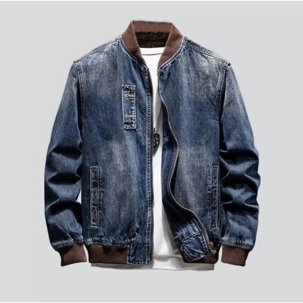 Jual MM_STORE Jacket bomber Jeans Denim premium Quality Pria elegant kasual rib coklat kantong