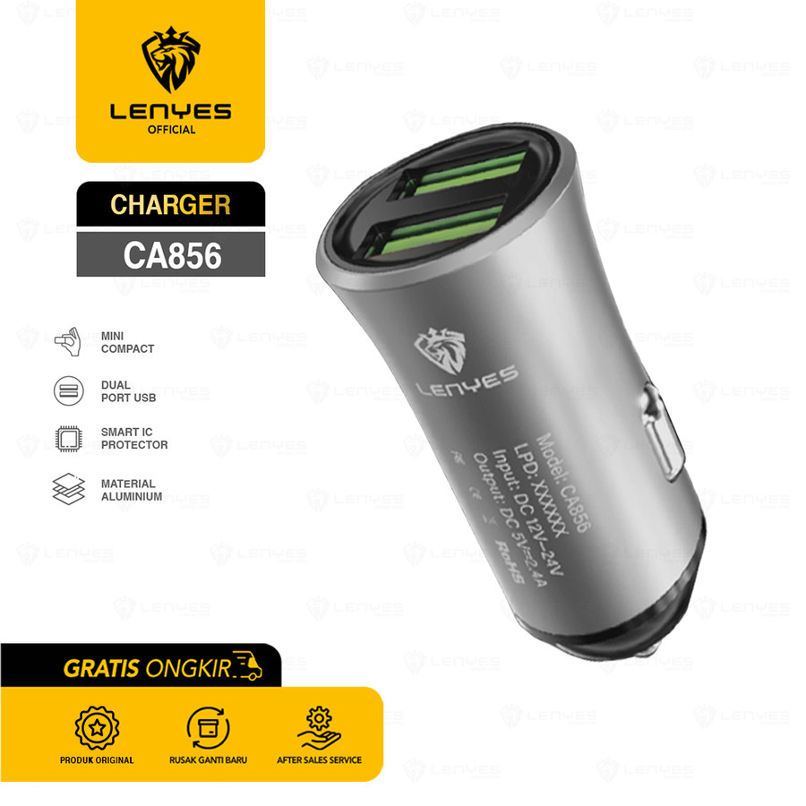 Jual Charger Mobil LENYES CA856 2.4A 2 USB Multiple Protection Original ...